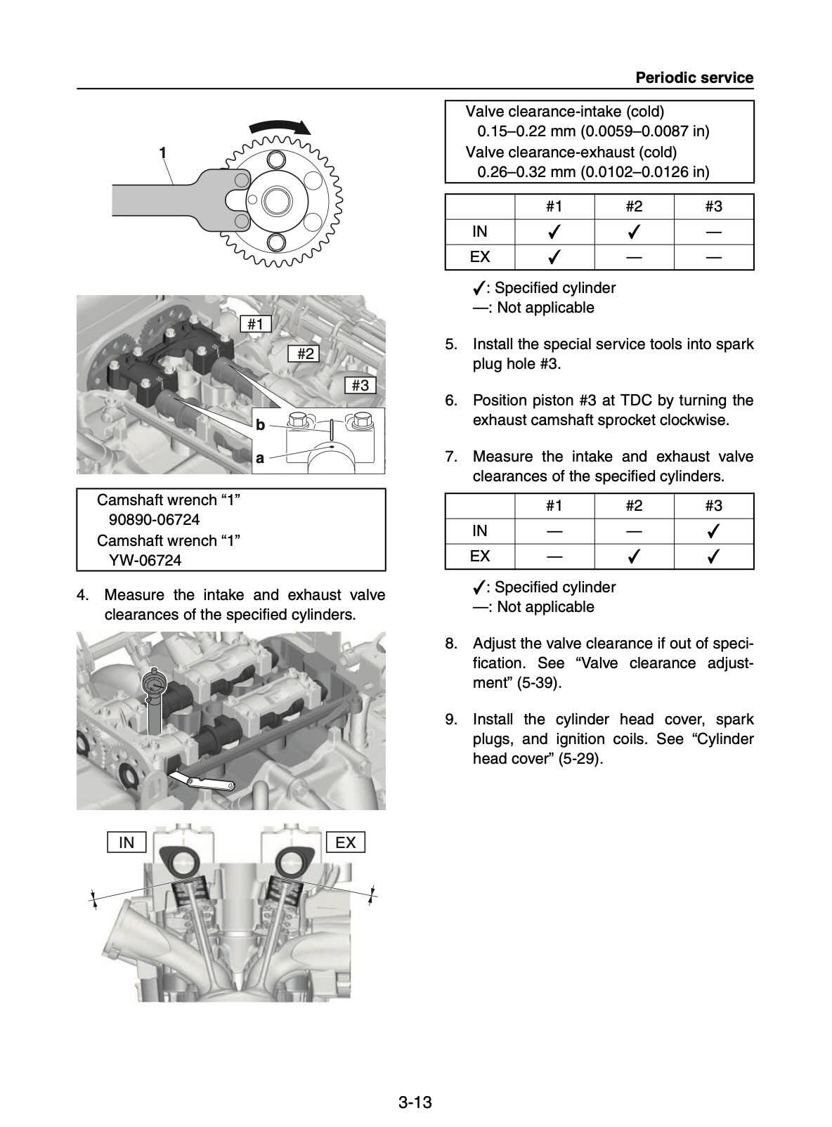 A printed service manual page with periodic maintenance instructions, including numbered steps, a circular diagram of a camshaft sprocket, and labeled photos of an engine showing valve clearance measurements.