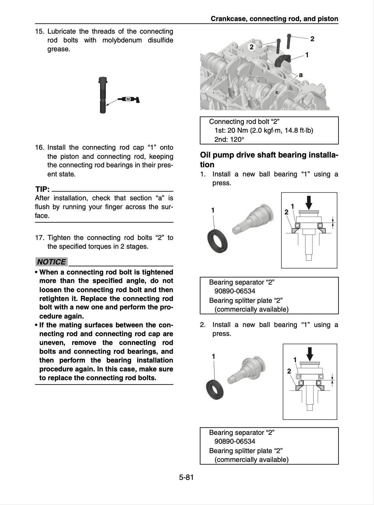 Yamaha WaveRunner VX1050 service manual page 5-81 with connecting rod bolt torque and oil pump drive shaft bearing installation diagrams