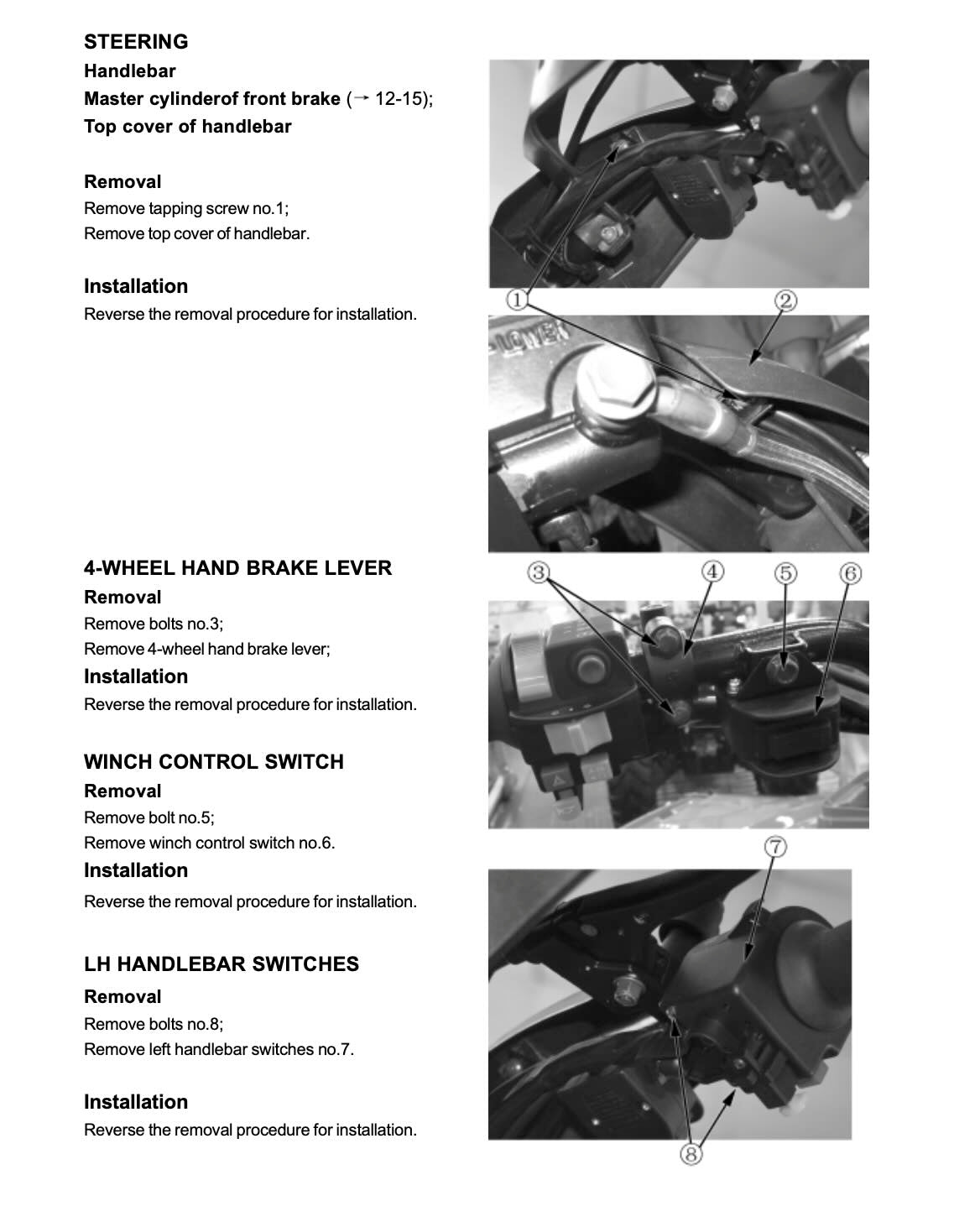 CFMOTO CFORCE service manual page with handlebar switches, hand brake lever and winch control switch removal photos