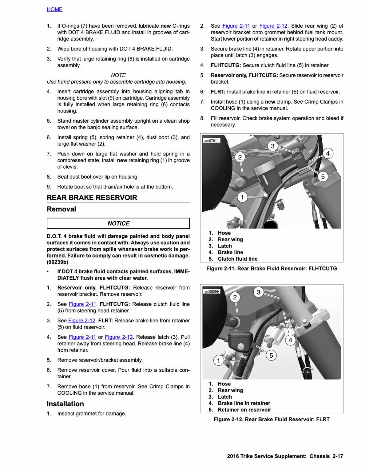 Harley-Davidson 2016 Trike service supplement page 2-17 chassis with rear brake reservoir removal and installation procedures for FLHTCUTG and FLRT models, brake line and clutch fluid line routing, rear wing bracket and latch diagrams, DOT 4 brake fluid caution and inspection procedures