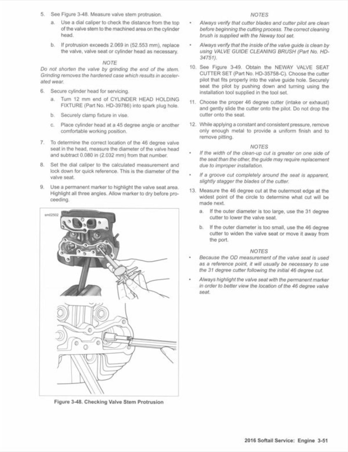 A technical service manual page with printed instructions and diagrams for checking valve stem protrusion on a motorcycle cylinder head. The page includes numbered steps, notes, a cross-sectional diagram, and a magnified diagram labeled Figure 3-40.