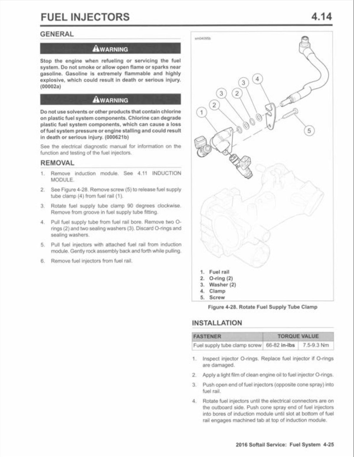 A page from a 2016 Softail Service Manual titled 'FUEL INJECTORS' with section 4.14.