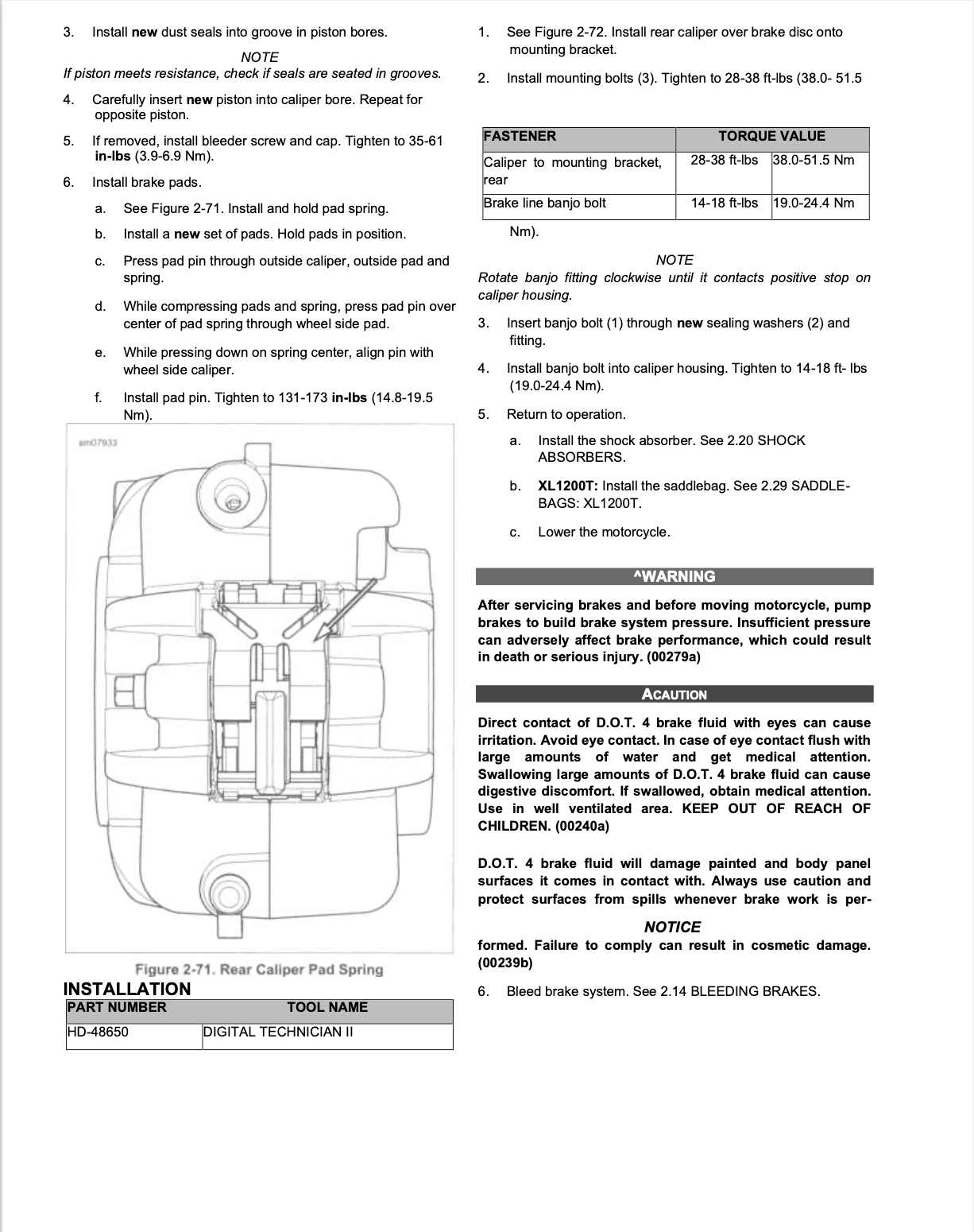Instruction sheet for installing a Palgarder rear caliper bracket, showing a line drawing of the bracket, torque values, and step-by-step installation instructions.