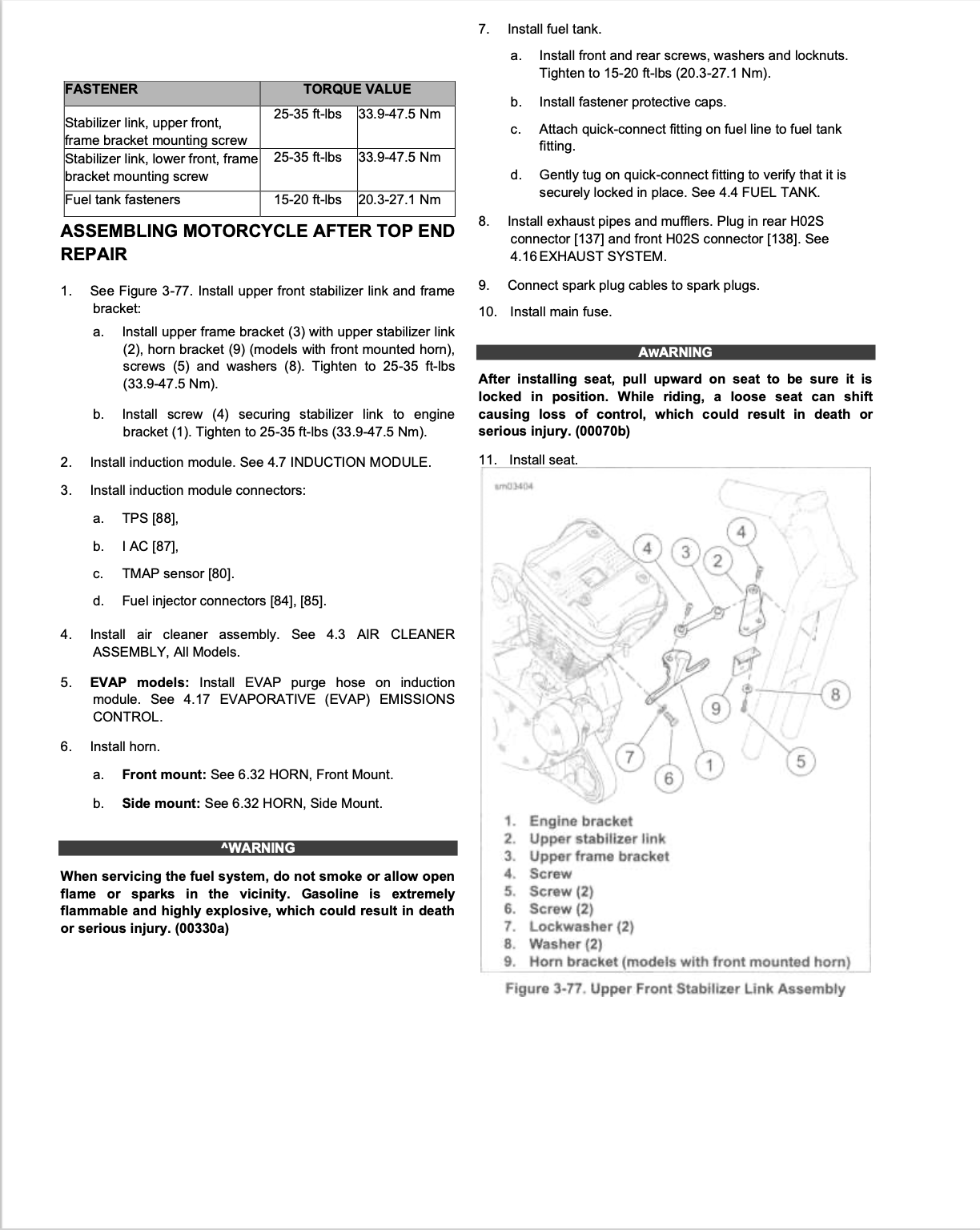 A black and white technical repair manual page showing step-by-step instructions for assembling a motorcycle stabilizer and frame bracket, with numbered lists, diagrams, and part identification labels.