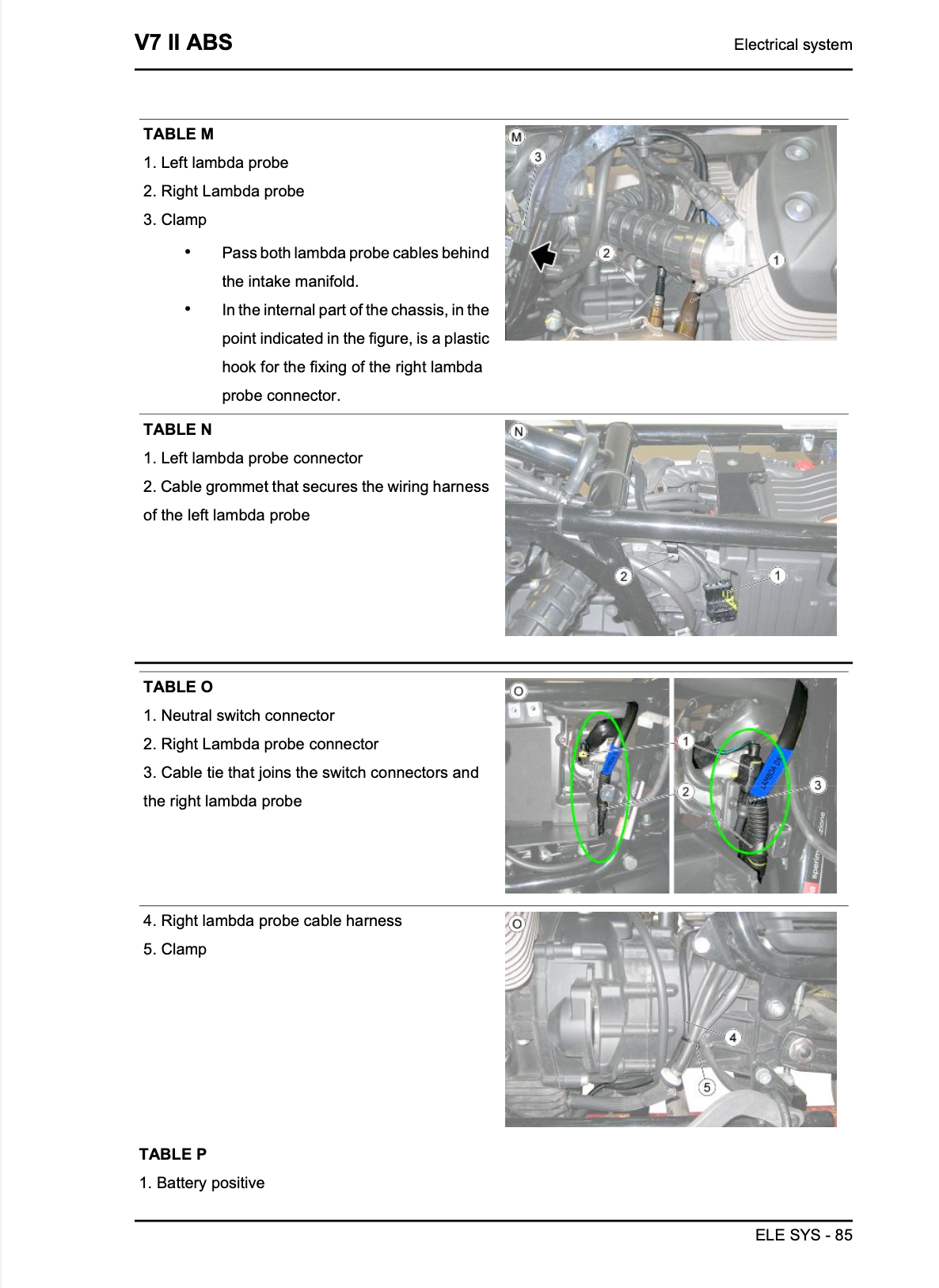 A technical service manual page for a V7 II ABS electrical system, showing tables and close-up photographs of the vehicle's wheel hub assembly with lambda probes and wiring connectors.
