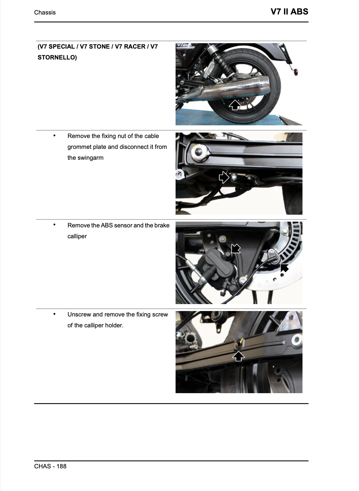 A technical service manual page for a motorcycle, specifically CHAS - 158 for V7 II ABS chassis. The page features three columns of text and corresponding high-quality photographs showing the rear wheel, exhaust, swingarm, ABS sensor, and brake caliper of a black motorcycle.