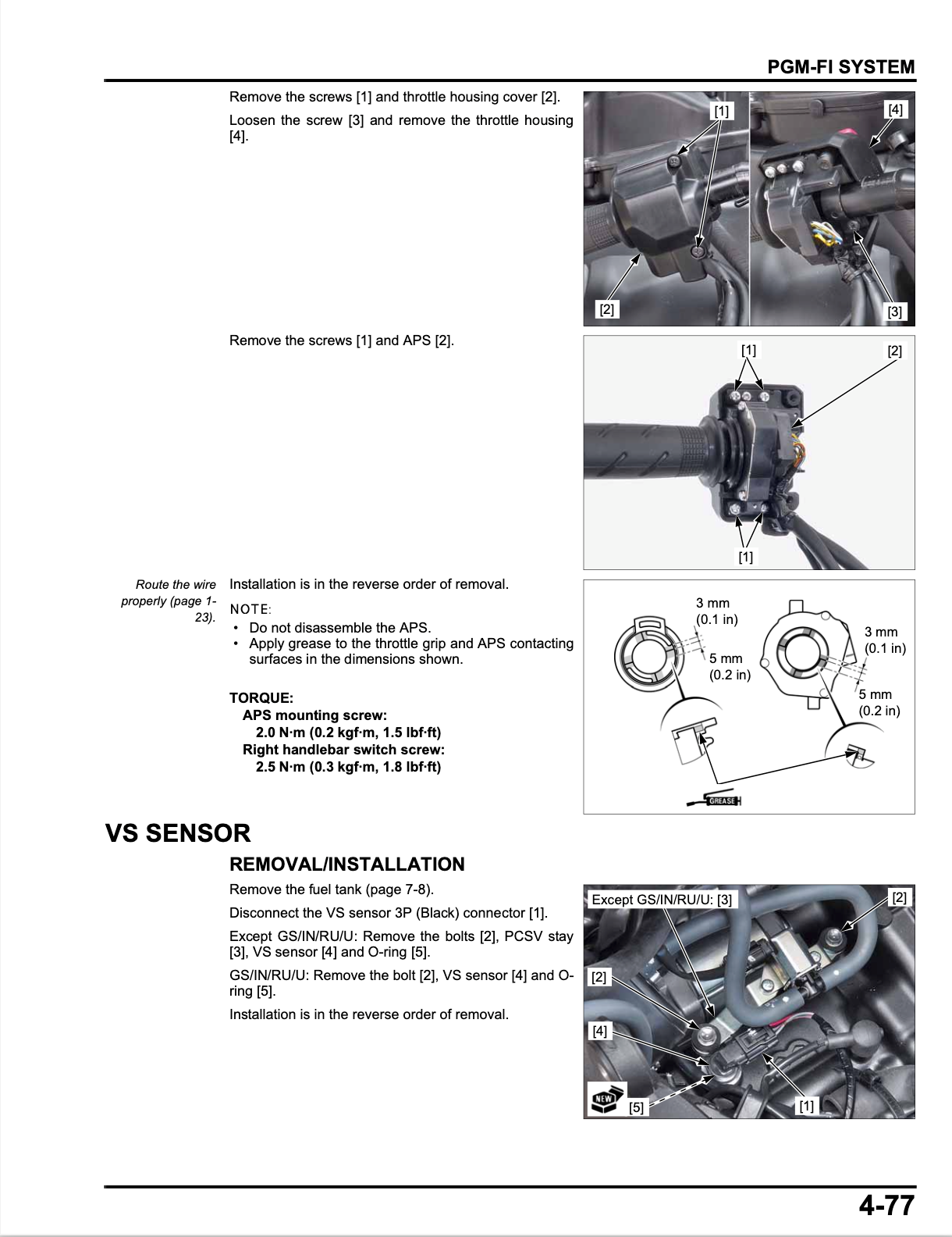 A technical installation and removal diagram page for a PGM-F1 system sensor, showing numbered callout images of a fuel tank and VS sensor with arrows, torque values, and step-by-step removal/instruction text.