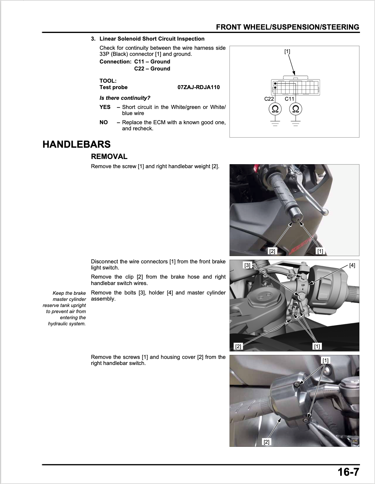 A technical service manual page titled 'FRONT WHEELS/SUSPENSION/STEERING' with text sections on linear solenoid short circuit inspection and handlebar removal, plus labeled wiring and mechanical diagrams showing parts and connector locations.