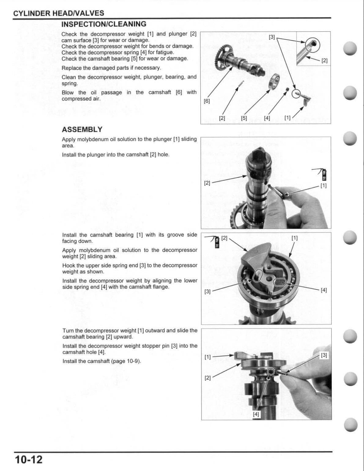 A printed technical manual page for a cylinder head valve, showing inspection and assembly procedures with labeled diagrams and photos of a metal valve component. The page includes text sections for inspection/cleaning and assembly, plus three inset photos with numbered callouts.