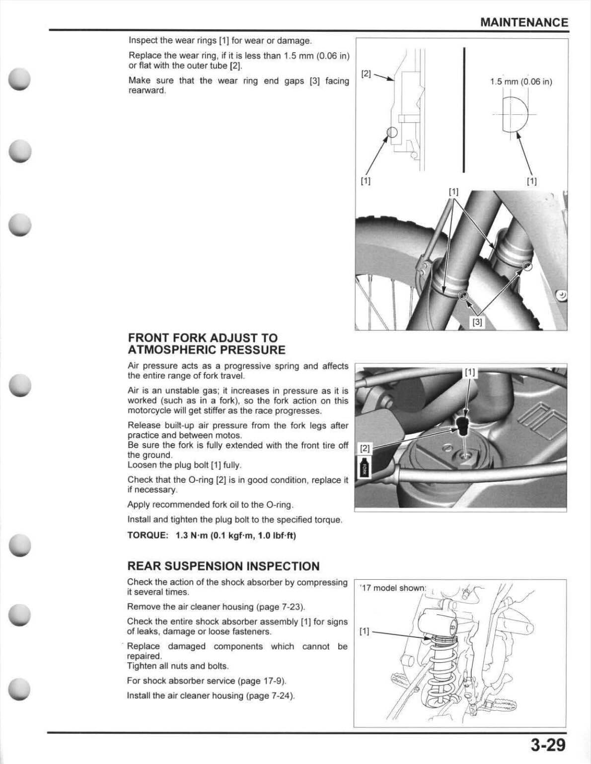 Honda CRF450RX service manual page 3-29 with wear ring maintenance inspection, front fork air pressure adjustment diagram, and rear suspension shock absorber inspection procedures