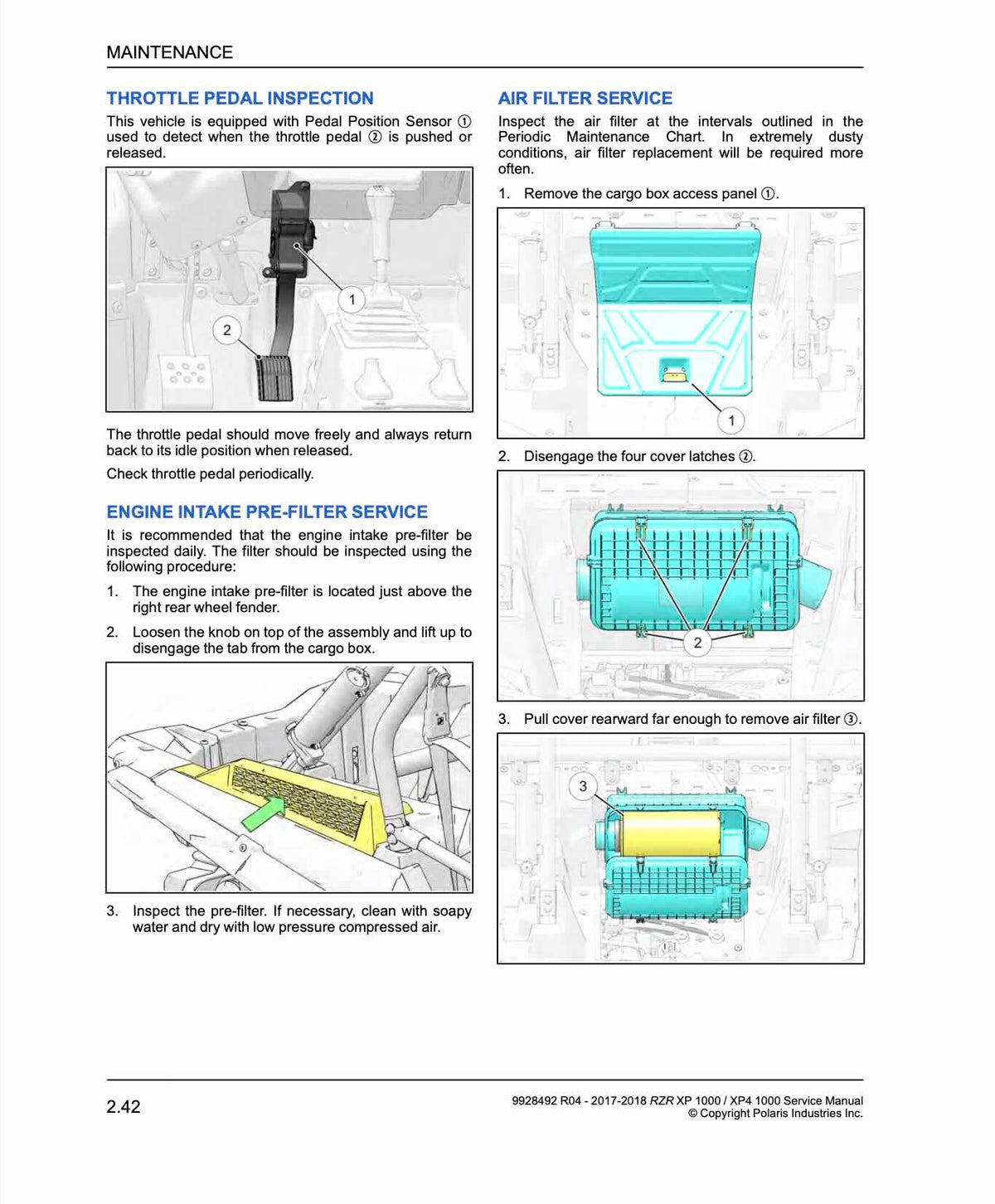 Polaris RZR XP 1000 service manual page 2.42 throttle pedal and air filter service diagrams