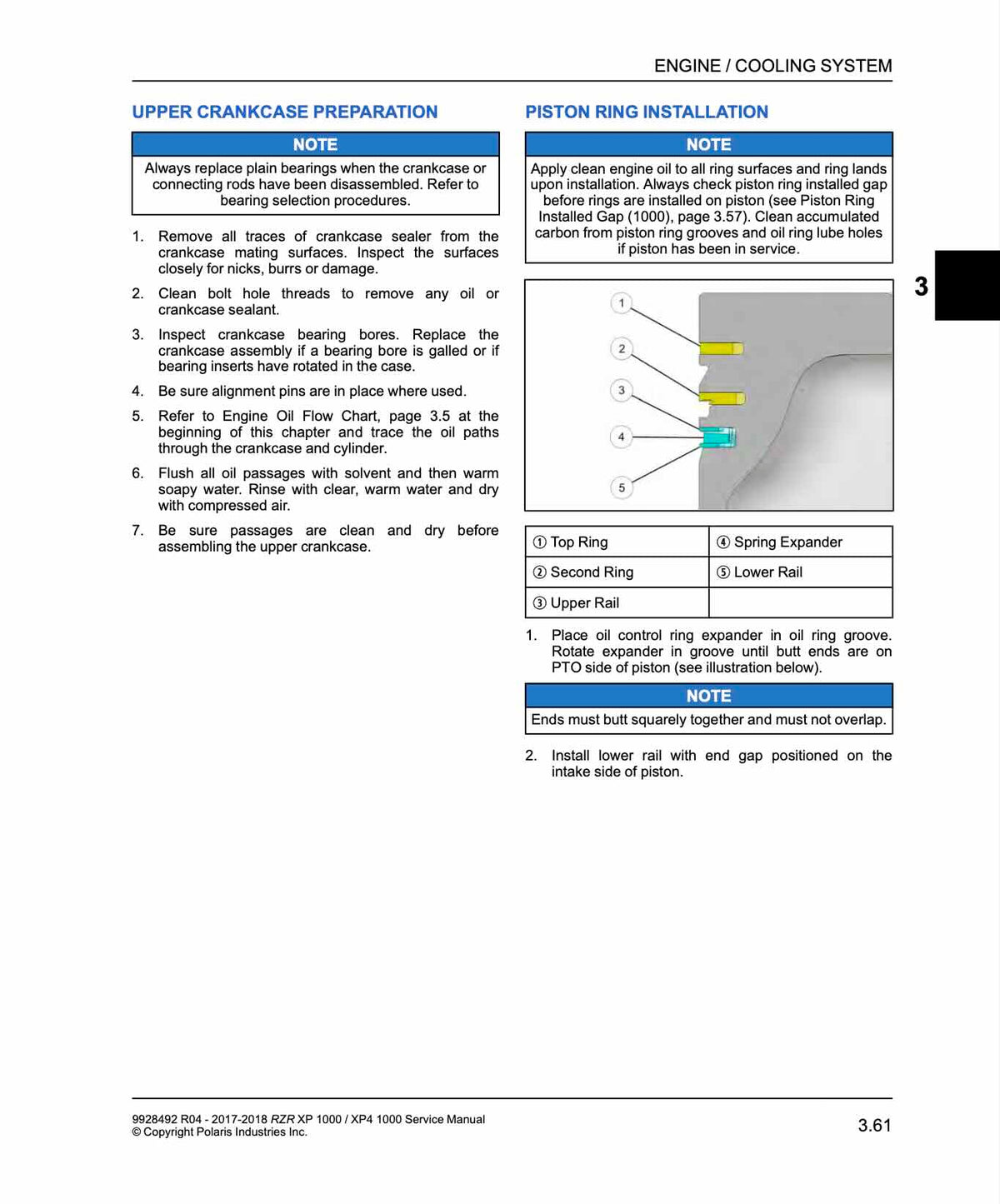 Polaris RZR XP 1000 service manual page 3.61 piston ring installation diagram and crankcase notes