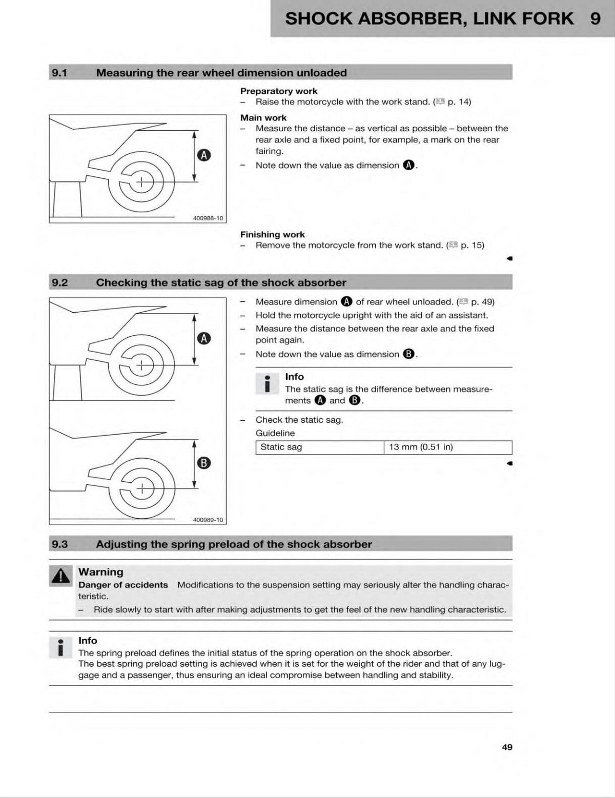 Husqvarna Vitpilen 401 service manual page 49 with rear wheel static sag measurement diagrams and shock absorber preload info