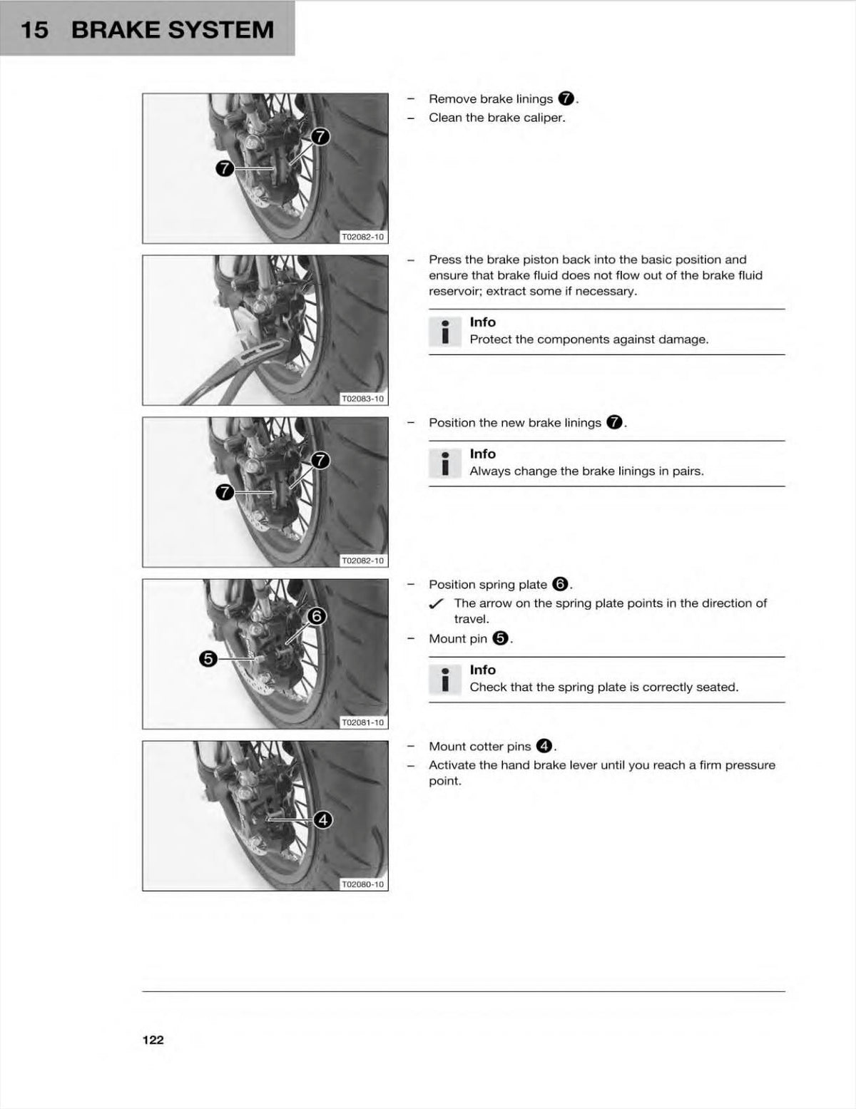 Husqvarna Vitpilen 401 service manual page 122 with front brake lining replacement photos and spring plate installation steps