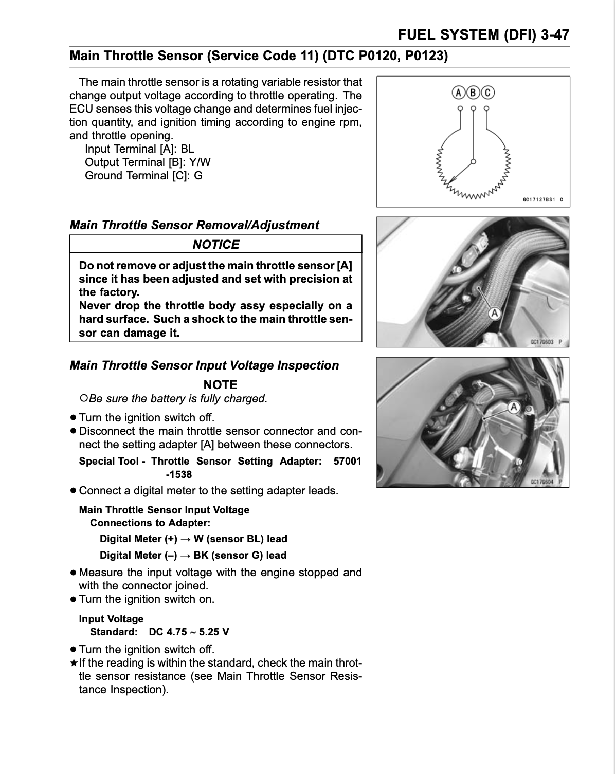 A technical service manual page for a Main Throttle Sensor (Service Code 11) showing diagrams, connector locations, and step-by-step instructions for removal and input voltage inspection.