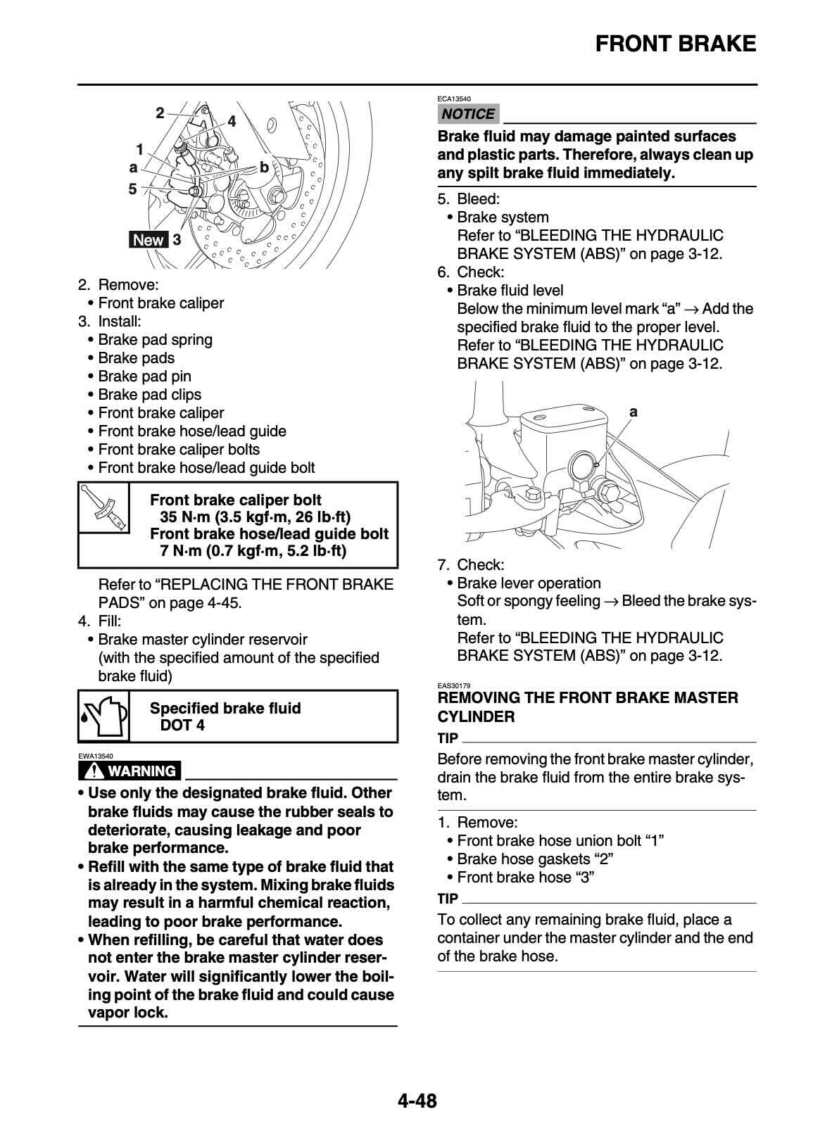Yamaha XMAX 300 service manual page 4-48 front brake caliper removal and brake fluid specs