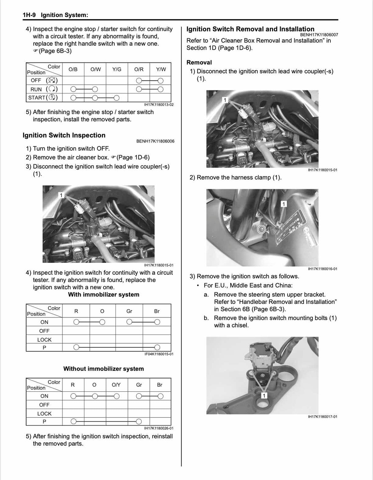 Suzuki GSX-R1000 service manual page 1H-9 ignition switch inspection tables and removal photos