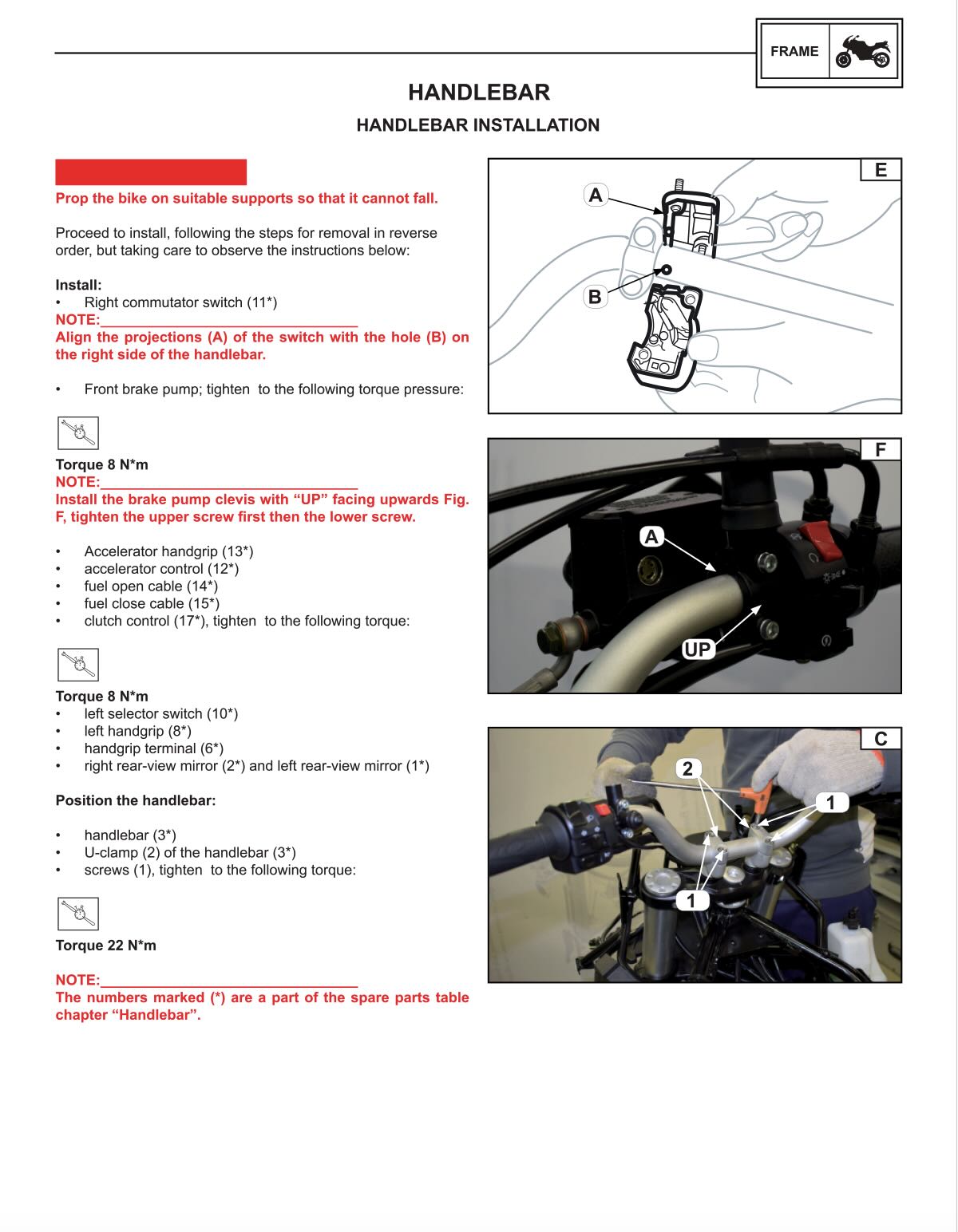Benelli TRK 502 service manual handlebar installation section showing right commutator switch alignment, front brake pump torque 8 N·m, accelerator handgrip and control cable routing, left selector and mirror installation, handlebar U-clamp positioning with torque specification 22 N·m