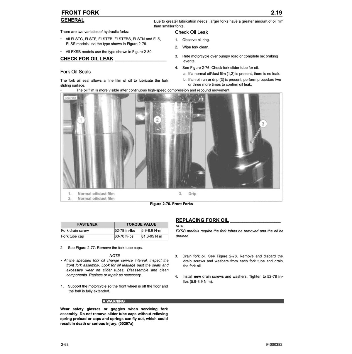 A technical service manual page for a front fork oil check and replacement, featuring diagrams, a table of torque values, and step-by-step instructions on how to remove and refill the fork oil.