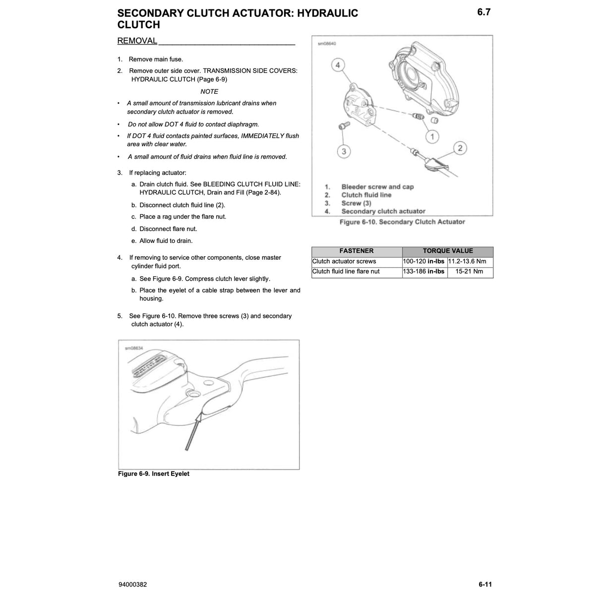 A technical service manual page for a secondary clutch actuator hydraulic clutch removal procedure, with numbered steps, two line drawings showing the clutch and actuator, and a small parts table.