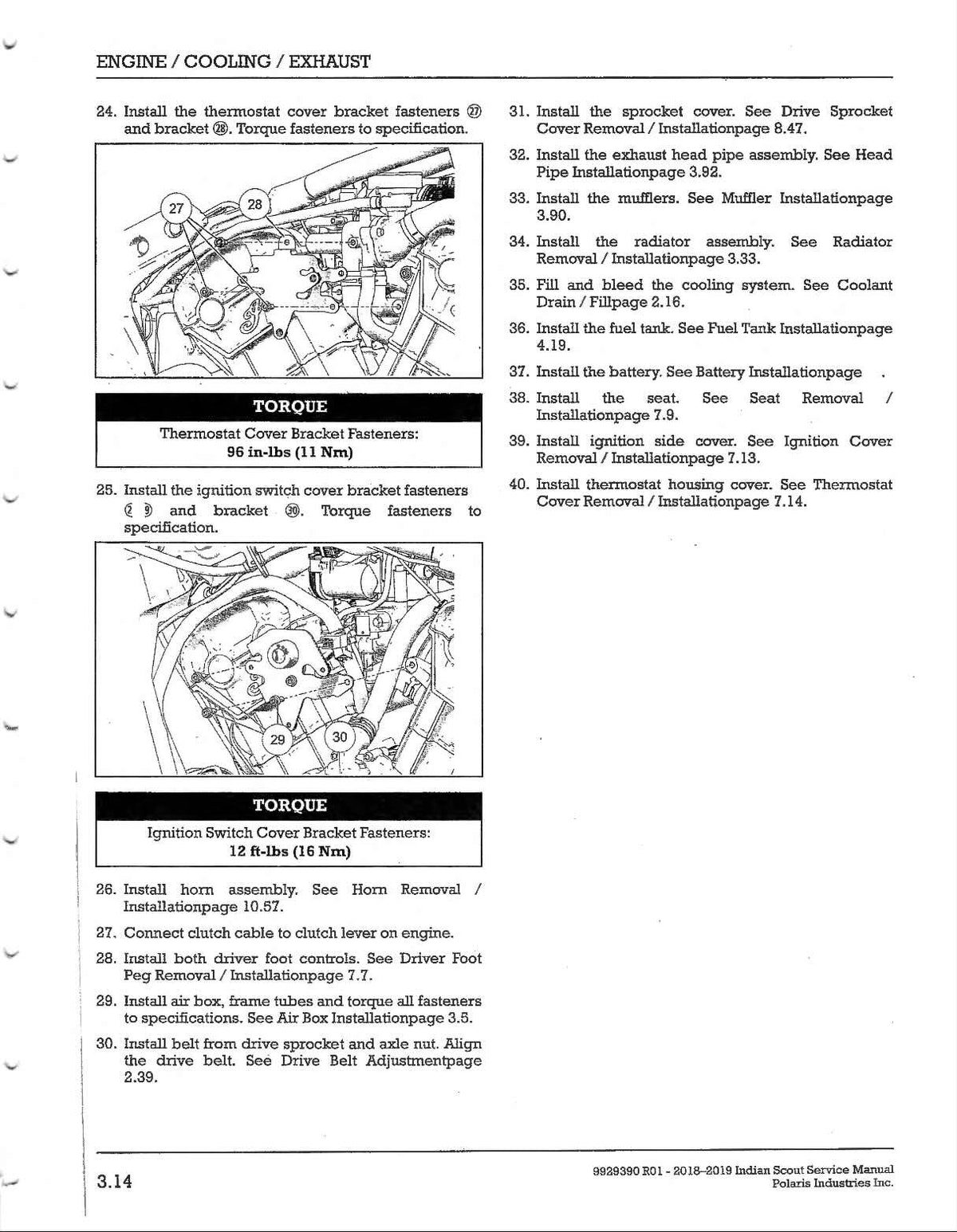 A black-and-white service manual page with multiple line drawings of automotive engine and cooling components, plus numbered and labeled instructions such as torque values and installation steps.