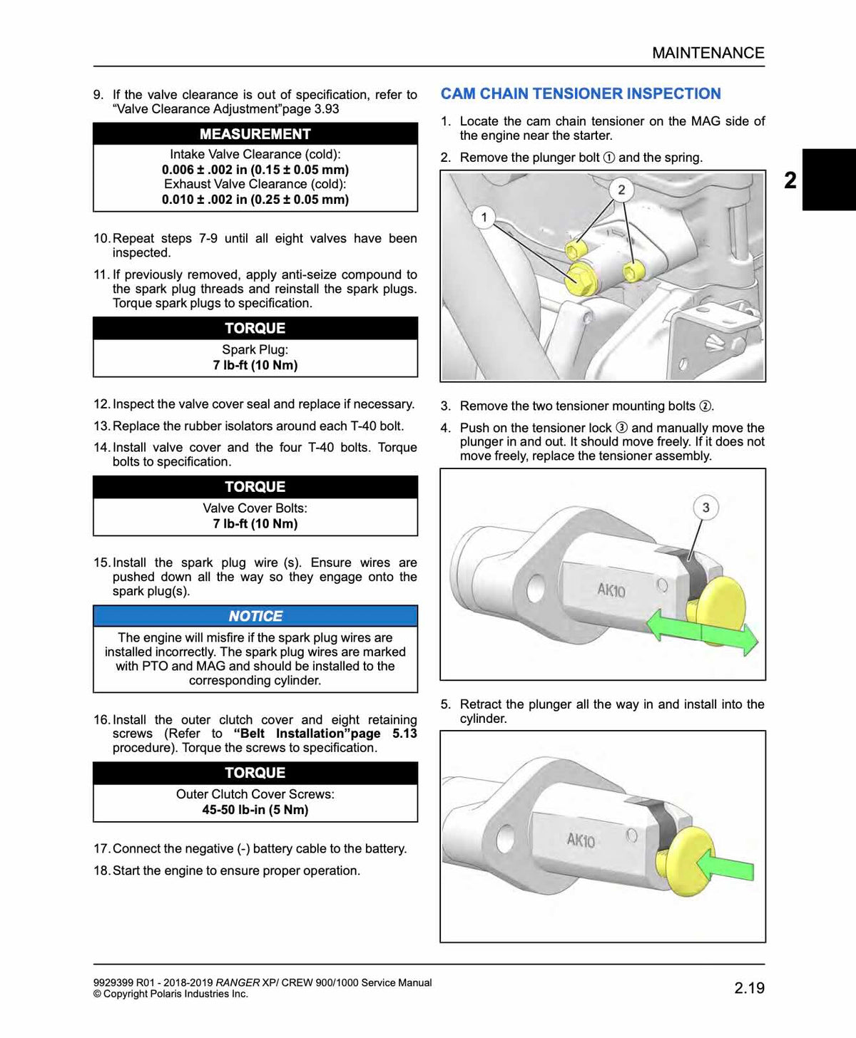 Polaris Ranger XP service manual page 2.19 valve clearance specs and cam chain tensioner inspection