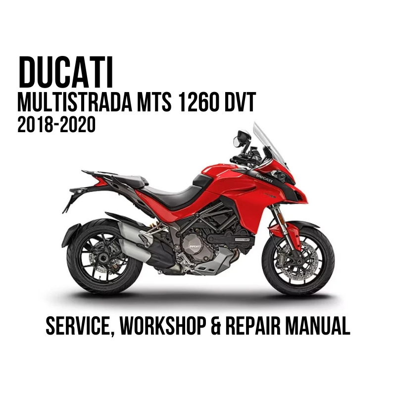A red and black Ducati Multistrada MTS 1260 DVT motorcycle shown in side profile on a white background, with text reading 'DUCATI MULTISTRADA MTS 1260 DVT 2018-2020' and 'SERVICE, WORKSHOP & REPAIR MANUAL'.