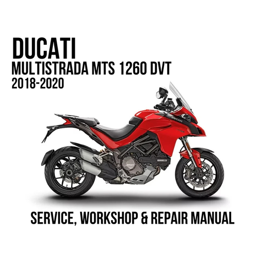 A red and black Ducati Multistrada MTS 1260 DVT motorcycle shown in side profile on a white background, with text reading 'DUCATI MULTISTRADA MTS 1260 DVT 2018-2020' and 'SERVICE, WORKSHOP & REPAIR MANUAL'.