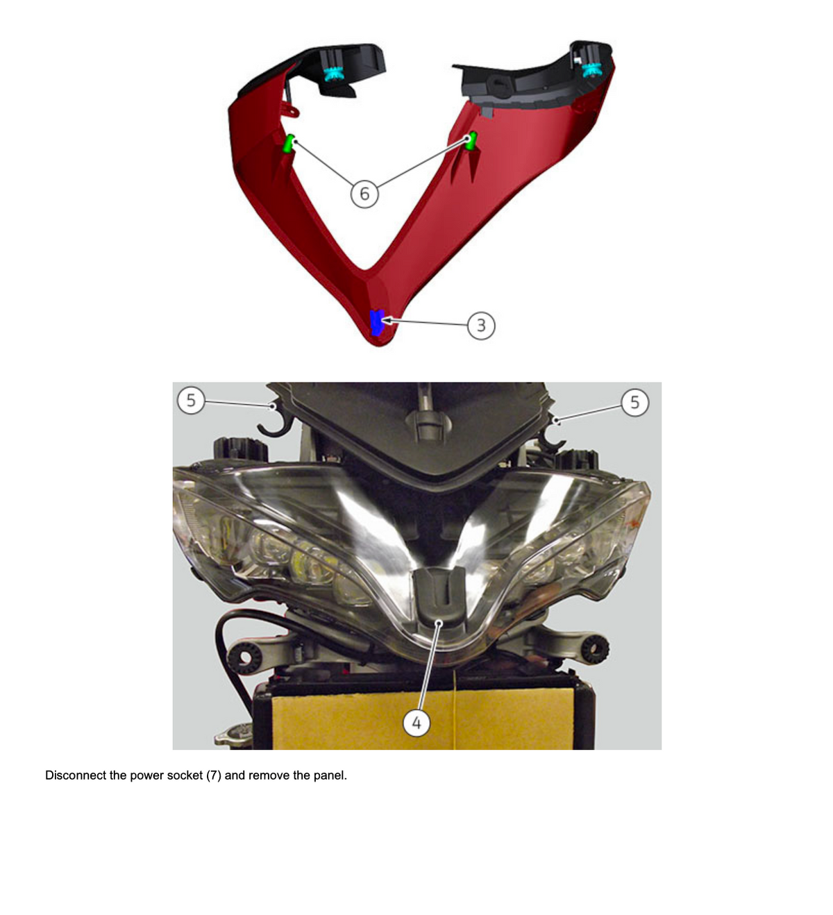 Instruction diagram showing a red front body panel for a motorcycle or scooter, with numbered callouts pointing to socket connections and a real-world photo of the headlight area demonstrating panel removal.