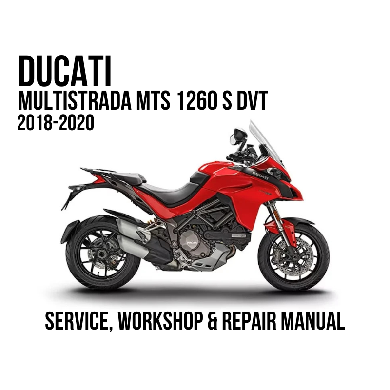A red and black Ducati Multistrada MTS 1260 S DVT motorcycle shown in side profile on a white background, with text reading 'DUCATI MULTISTRADA MTS 1260 S DVT 2018-2020' and 'SERVICE, WORKSHOP & REPAIR MANUAL'.