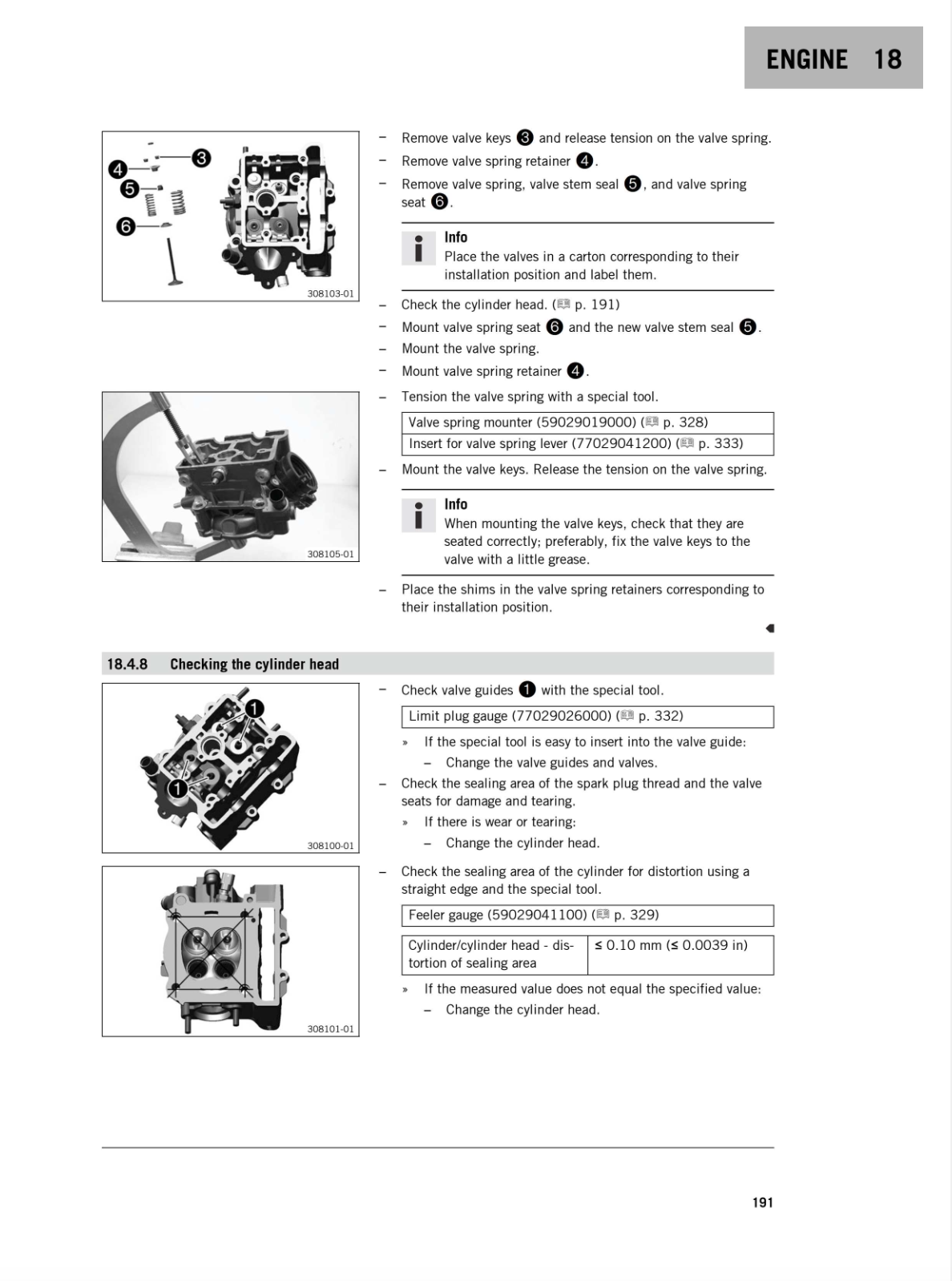 A page from an engine service manual showing numbered and bulleted instructions with small diagrams and part references, including valve key removal, spring seat installation, and cylinder head inspection.