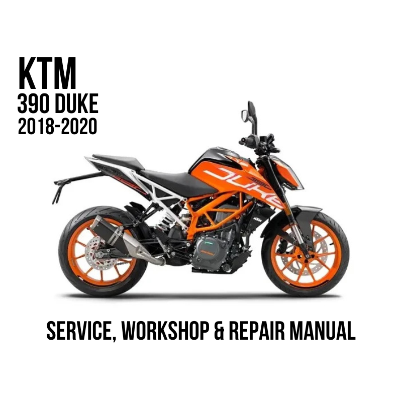 KTM 390 Duke 2018-2020 service, workshop, and repair manual cover featuring a side profile of the motorcycle on a white background with black text.