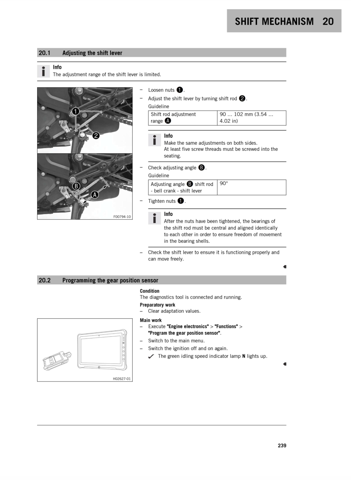 A page from a technical manual showing instructions for adjusting the shift lever and programming the gear position sensor, with diagrams, text, and small photos of mechanical parts.