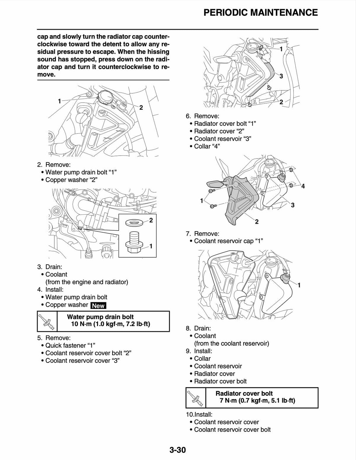 Yamaha MT10 FZ10 service manual page 3-30 with coolant draining, water pump drain bolt, and radiator cover removal diagrams