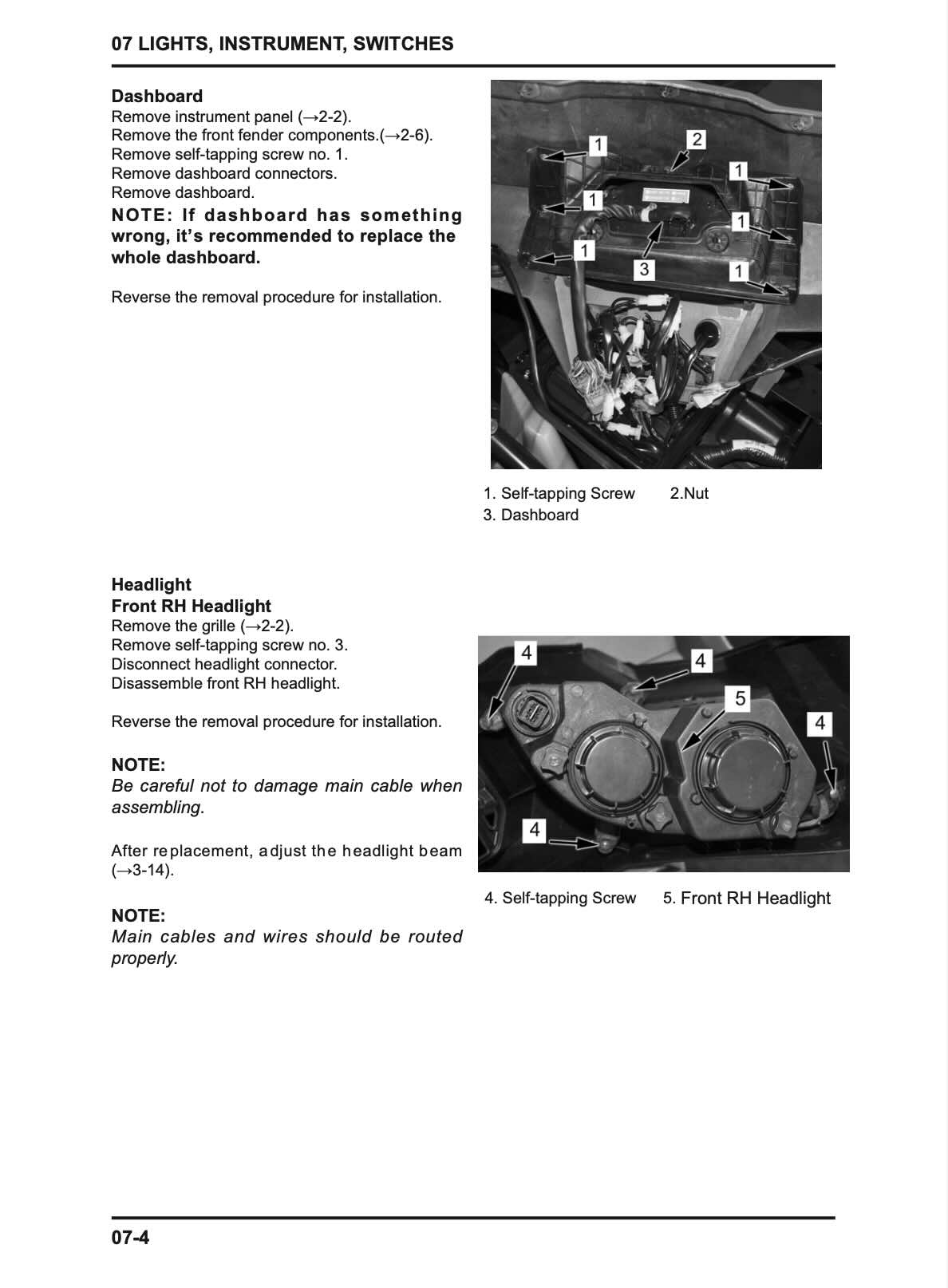 CFMOTO ZForce service manual page 07-4 dashboard and front headlight removal photos