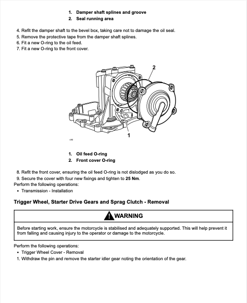 A black and white technical instruction sheet showing a motorcycle oil pan with numbered assembly and removal steps, including text for damper shaft splines, oil feed O-ring, front cover, and trigger wheel/clutch removal.