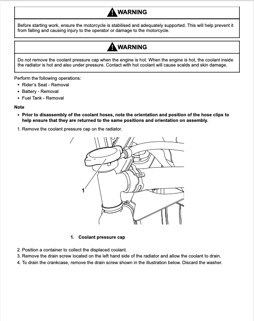 A black and white technical instruction sheet showing how to remove a coolant pressure cap from a motorcycle radiator, with warning labels and numbered steps next to a line drawing.