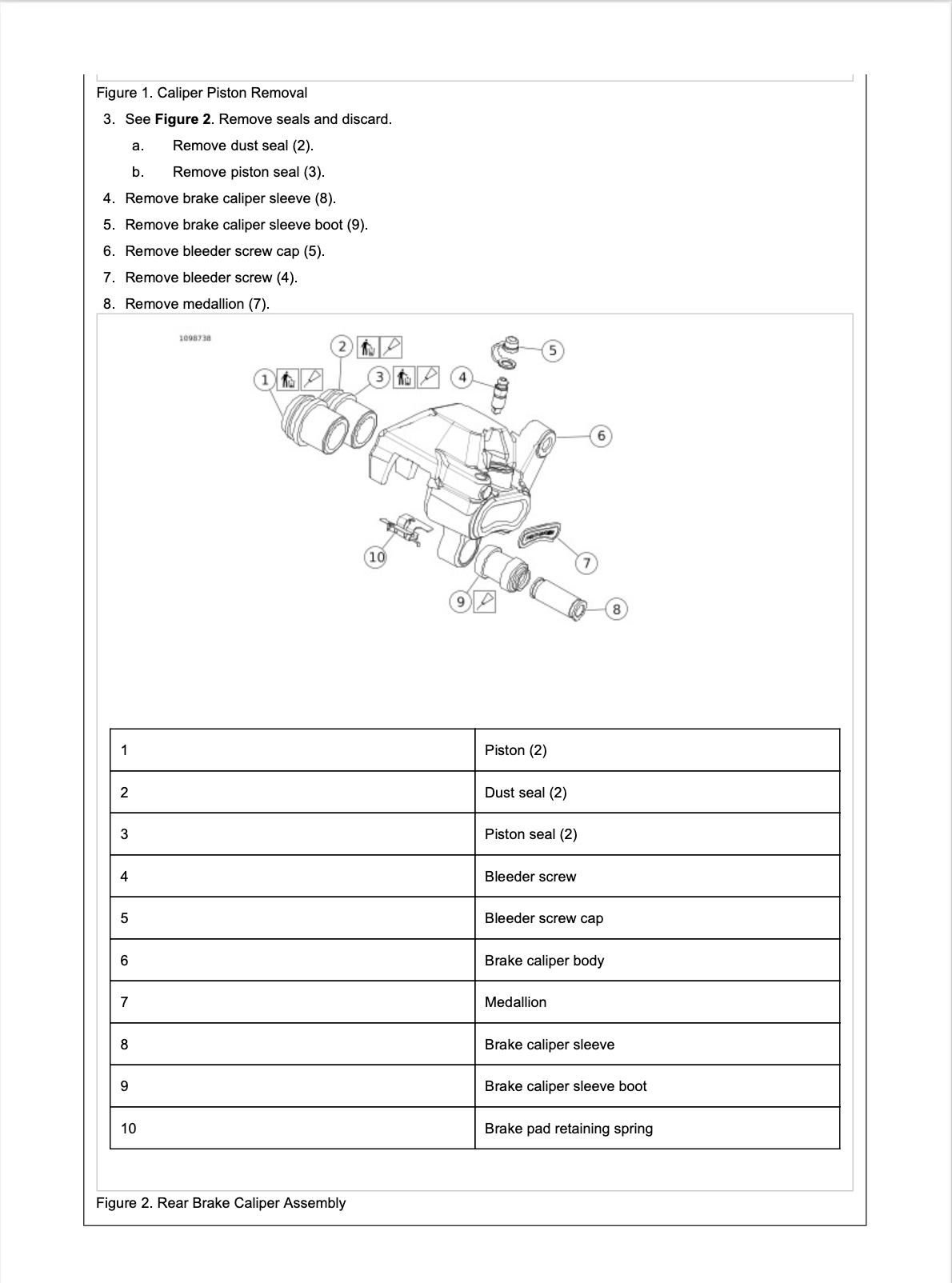 A technical service manual page showing a piston caliper removal diagram with numbered callouts and a parts list table at the bottom.