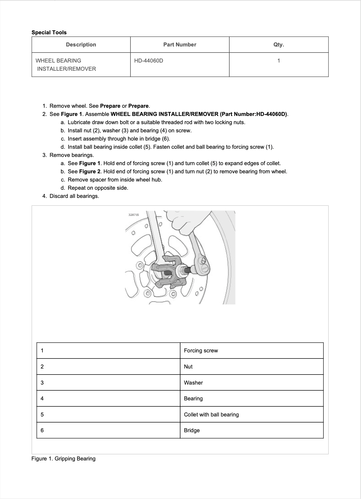 A black-and-white technical service manual page for an ASD Wheel Bearing Installer/Remover, showing a labeled cross-section diagram of a wheel bearing assembly and a parts reference table.
