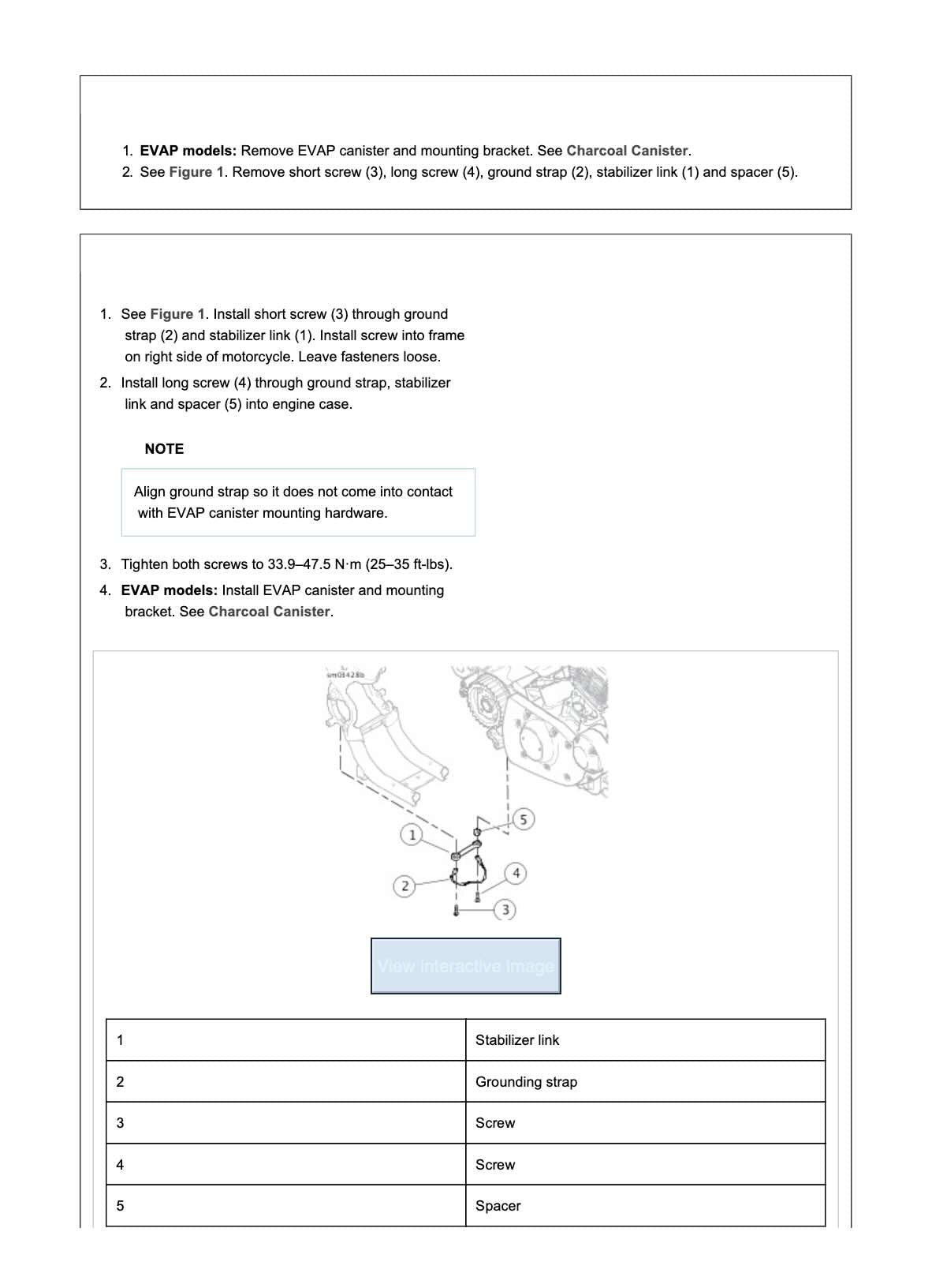 2018 Harley Davidson Sportster Models service manual stabilizer link and ground strap installation diagram with torque specs