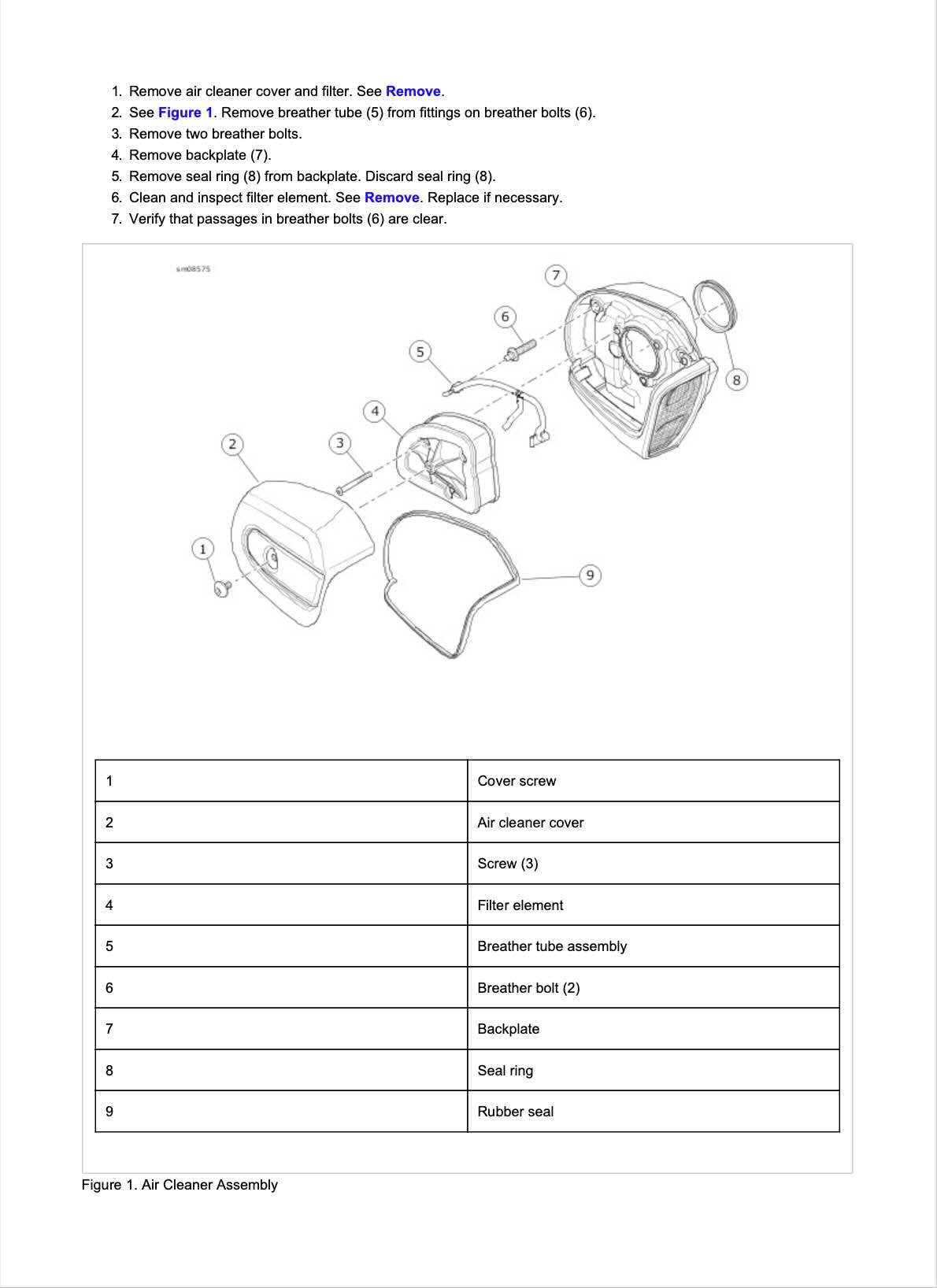 2018 Harley Davidson Touring Models service manual air cleaner cover, filter, and breather tube assembly diagram