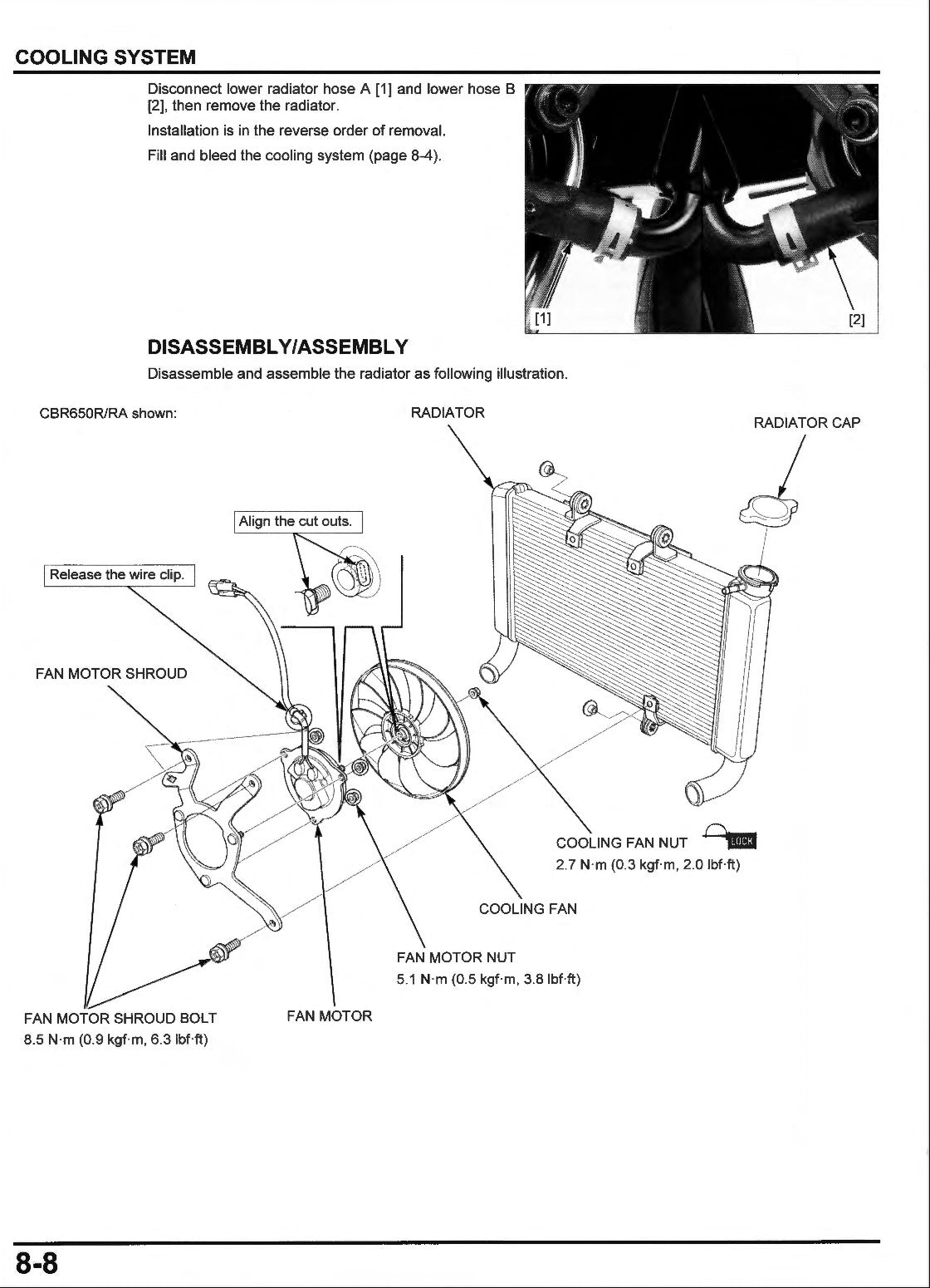 A technical page from an automotive manual showing the cooling system disassembly and assembly instructions, with labeled diagrams of a radiator, fan motor shroud, cooling fan, and radiator cap.
