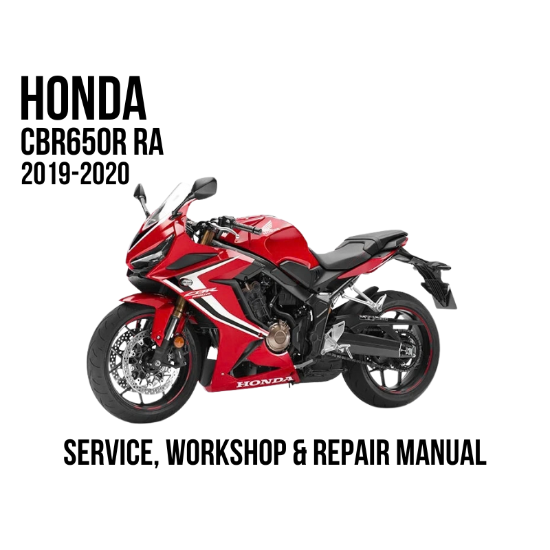 A red and black Honda CBR650R RA motorcycle is shown on a white background with text reading 'HONDA CBR650R RA 2019-2020' and 'SERVICE, WORKSHOP & REPAIR MANUAL'.