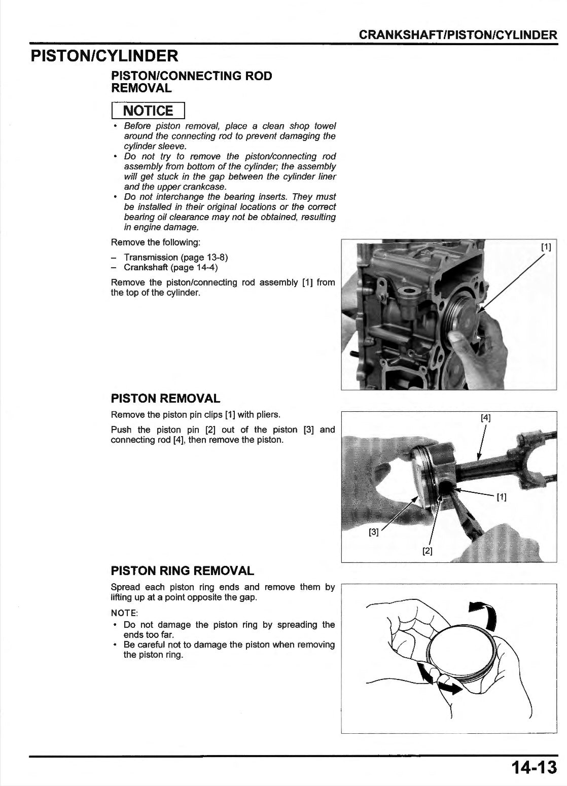 A black-and-white technical instruction page from a manual showing how to remove a piston/cylinder connecting rod and piston ring, with text, numbered callouts, and line drawings on a white background.