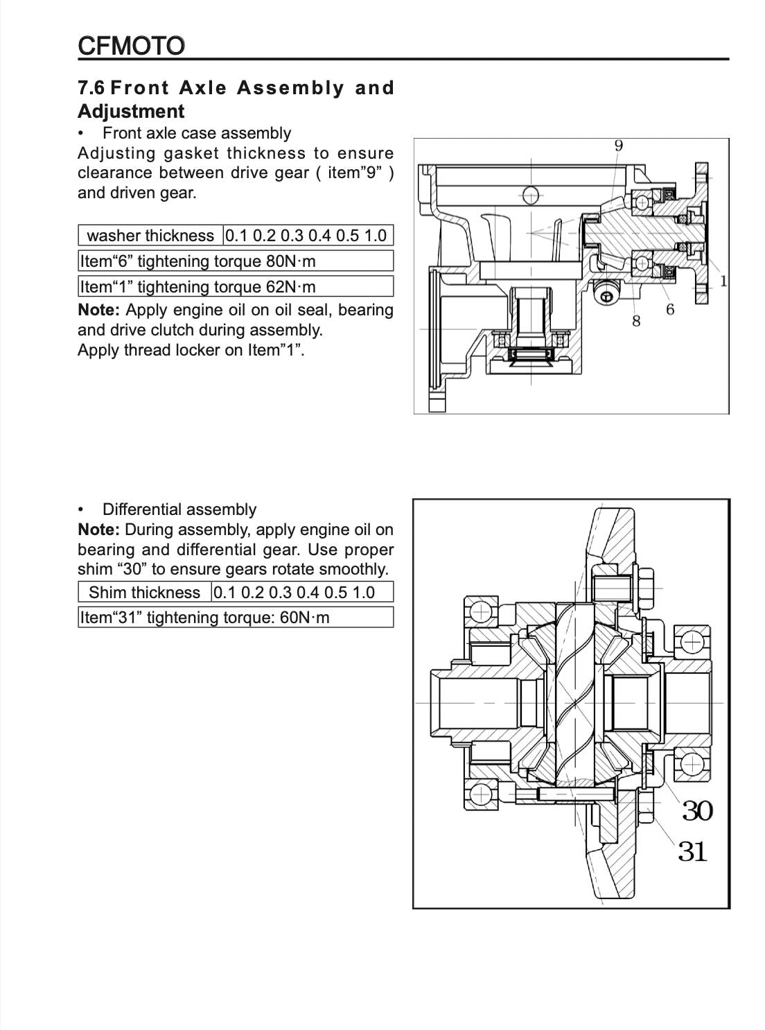 CFMOTO UFORCE service manual page with front axle case and differential assembly cross-section diagrams plus shim thickness tables