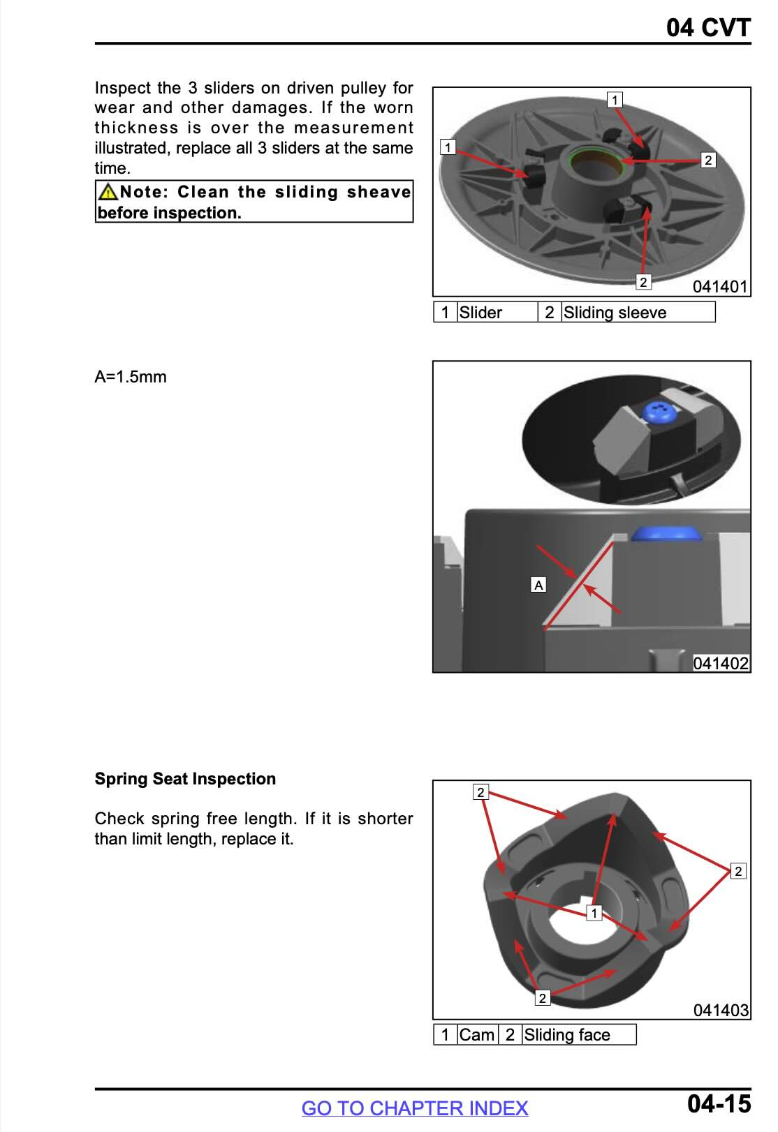 A technical service manual page showing inspection diagrams for a CVT system, with labeled diagrams of a pulley, cam and sliding face, and a spring seat, accompanied by text instructions and part numbers.