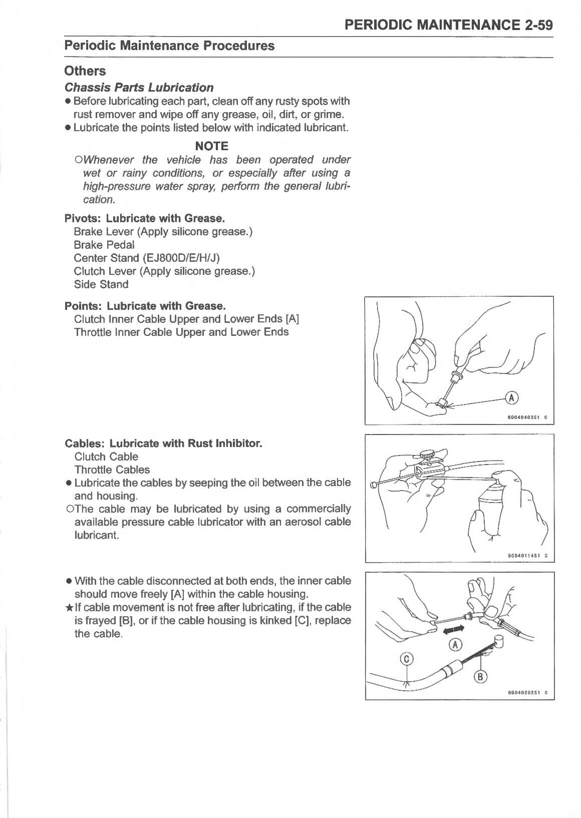 Honda motorcycle service manual page 2-59 periodic maintenance procedures with chassis parts lubrication, brake lever and clutch lever pivot greasing, center stand and brake pedal lubrication points, clutch and throttle inner cable lubrication with rust inhibitor application diagrams
