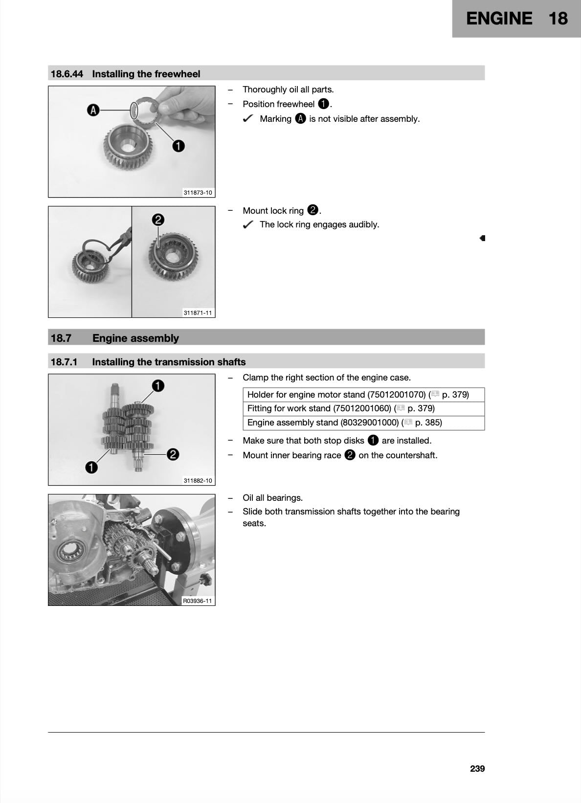 A page from an engine manual showing step-by-step instructions and photos for installing the freewheel and transmission shafts, with labeled diagrams and small engine photographs on a white page.