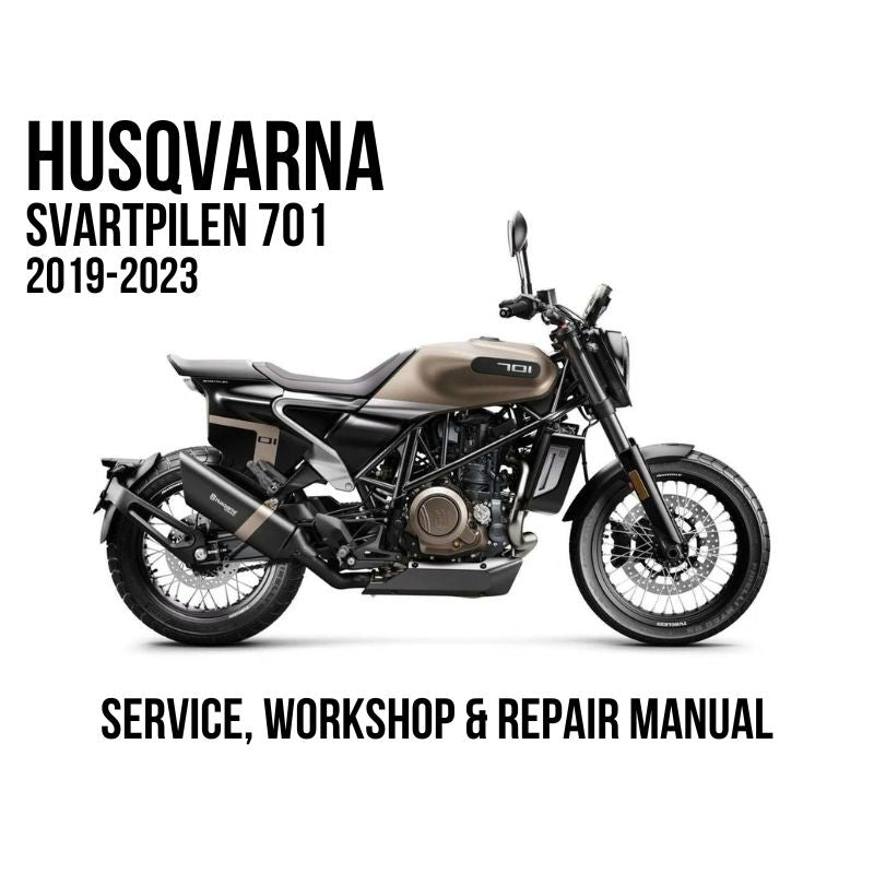 A side-view motorcycle on a white background with large black text reading 'HUSQVARNA SVARTPILEN 701 2019-2023' and 'SERVICE, WORKSHOP & REPAIR MANUAL'.