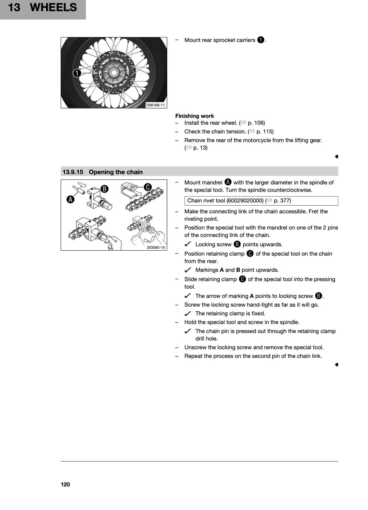 A page from a motorcycle service manual showing instructions and diagrams for opening the chain and mounting rear sprockets, with numbered steps and technical notes.